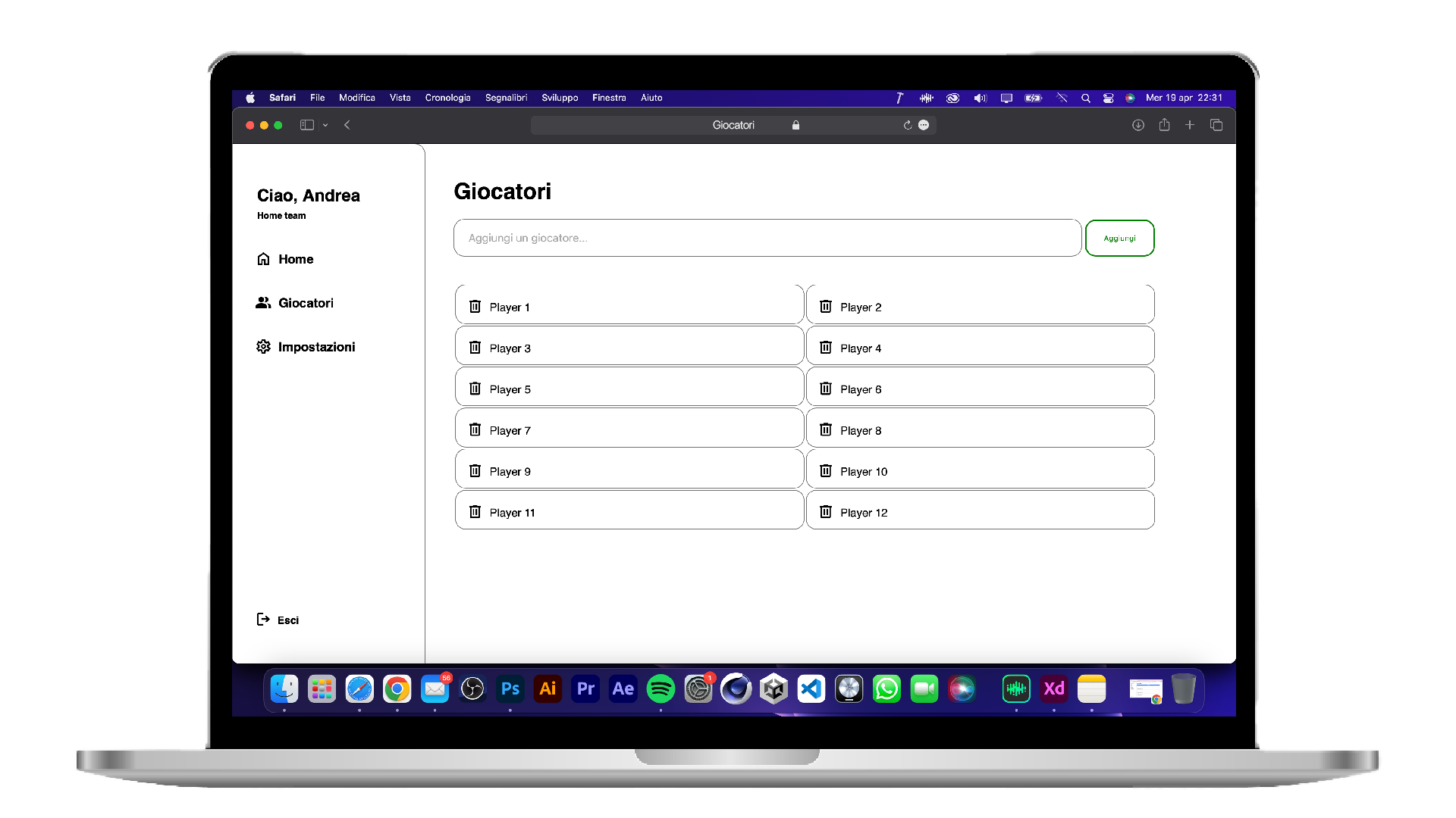 Aggiungi i tuoi giocatori dalla dashboard